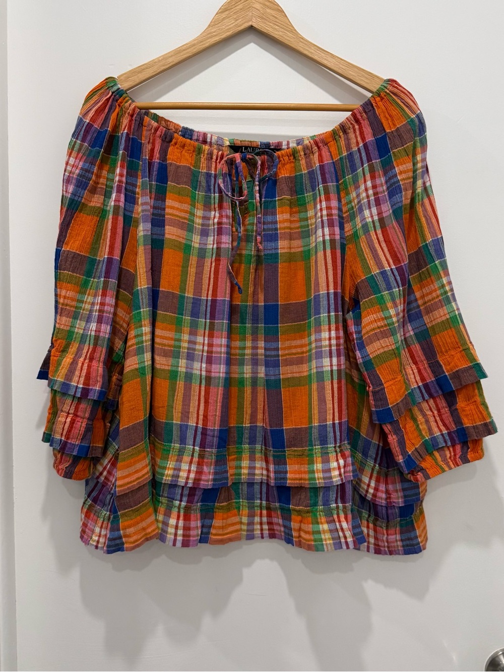 Lauren Ralph Lauren Plaid Ruffle Sleeve Peasant Top M Colorful Boho